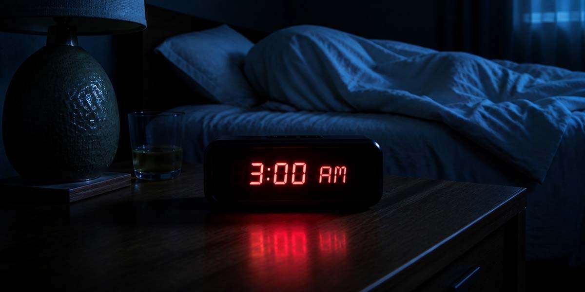 A digital alarm clock reading 3:00 AM on a nightstand beside an empty, rumpled bed.