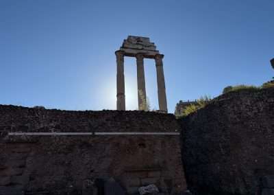 Three surviving columns of the Temple of Castor and Pollux above the Roman Forum ruins